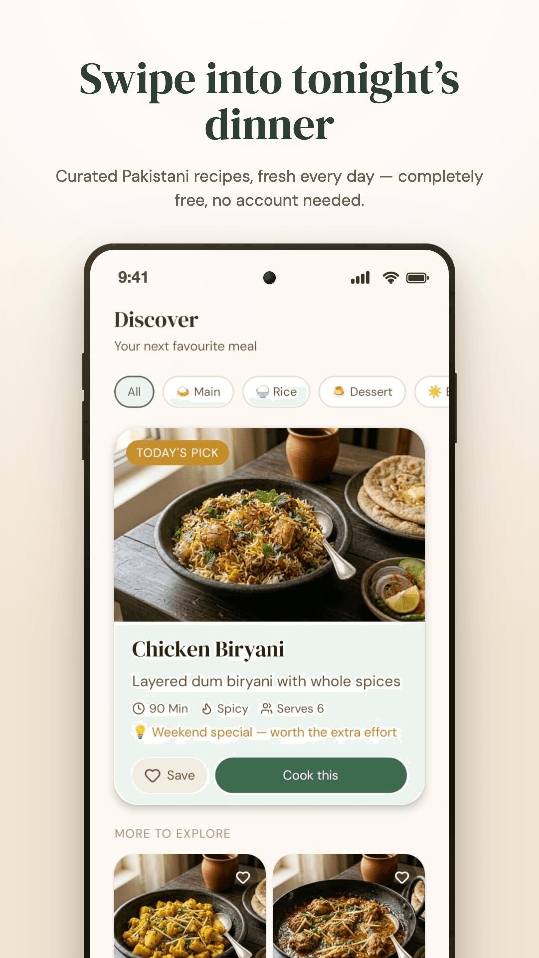 Phone screenshot showing the Dastarkhwan Discover feed